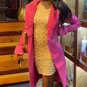 Hot pink trench coat with fur